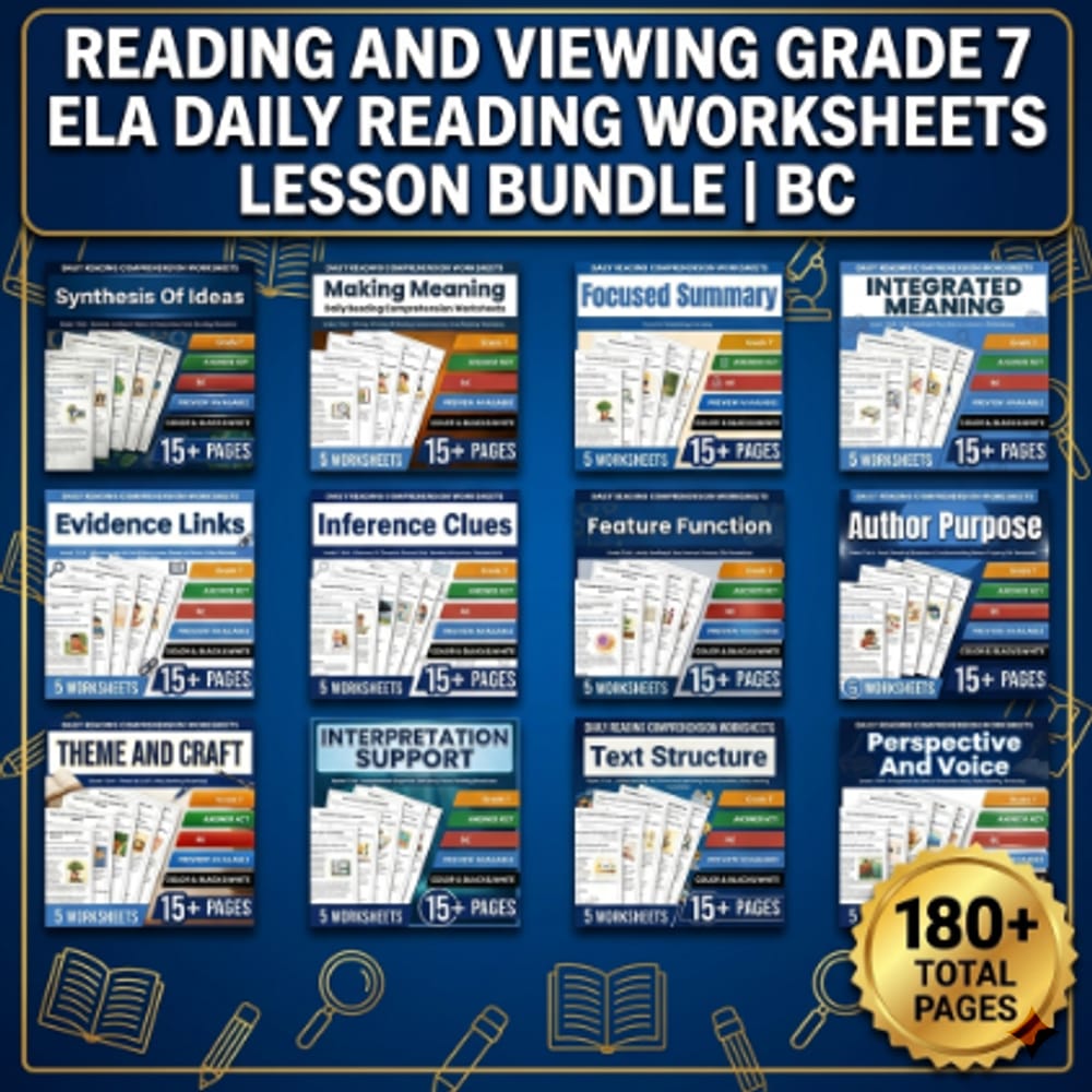 Reading and Viewing Grade 7 ELA Daily Reading Worksheets Lesson Bundle | BC — bundle cover