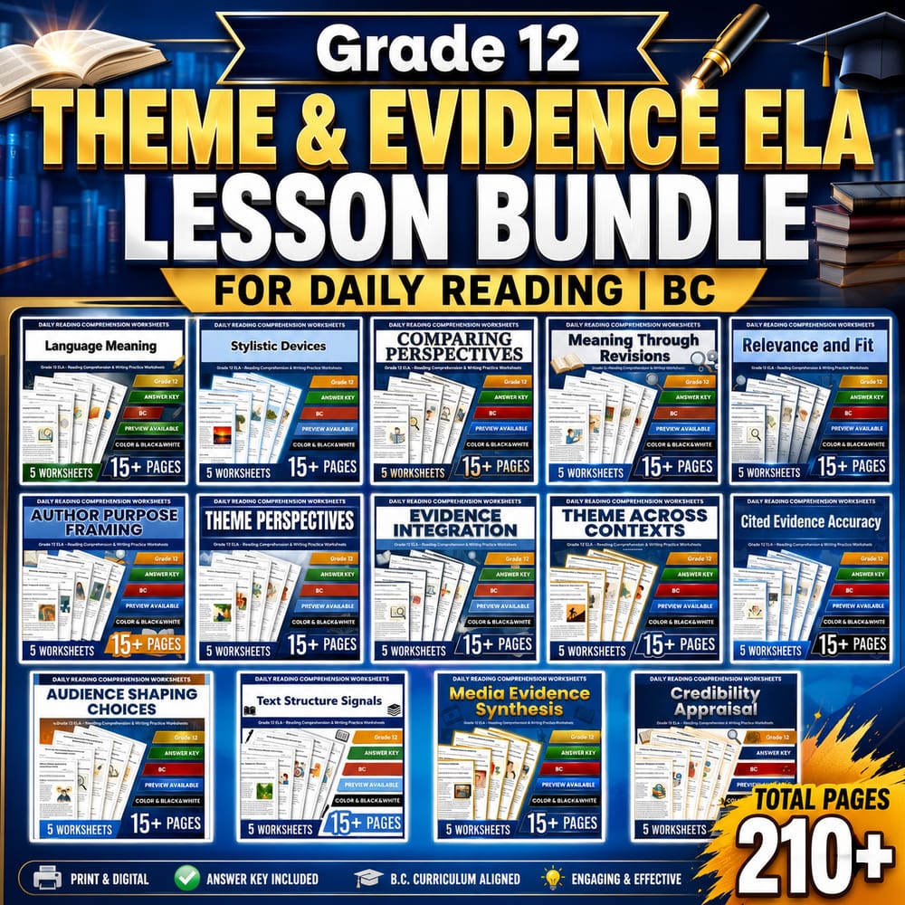 Grade 12 Theme & Evidence ELA lesson bundle for Daily Reading | BC — bundle cover