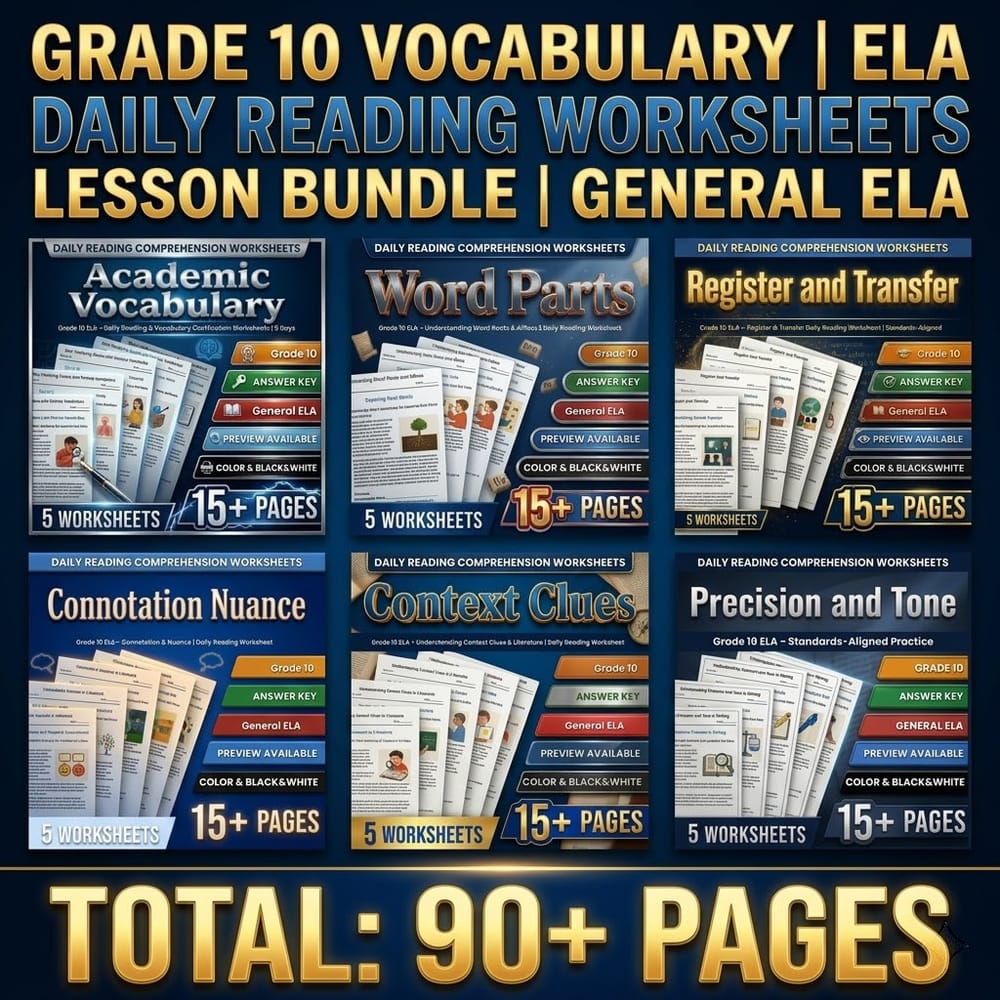 Grade 10 Vocabulary in ELA Daily Reading Worksheets lesson bundle | General ELA — bundle cover