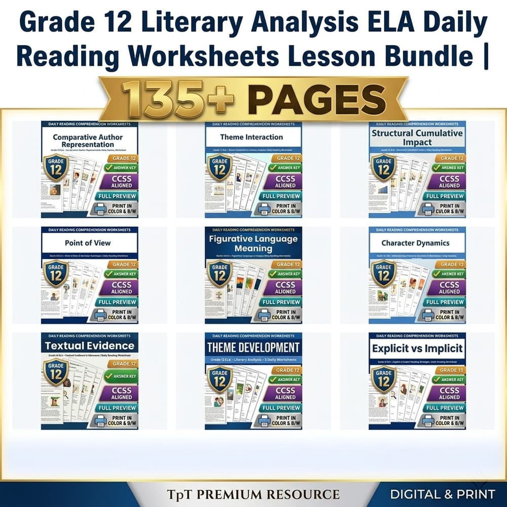 Grade 12 Literary Analysis ELA Daily Reading Worksheets Lesson Bundle | CCSS — bundle cover