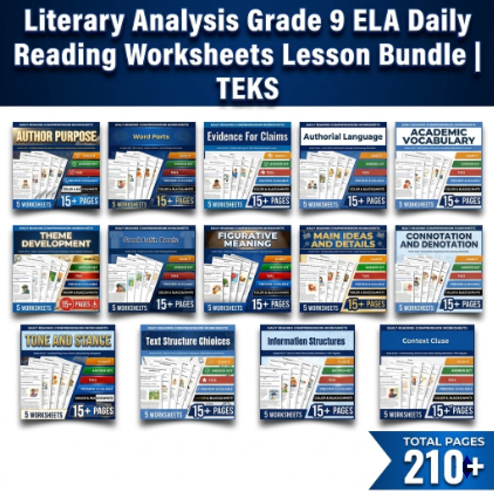 Literary Analysis Grade 9 ELA Daily Reading Worksheets Lesson Bundle | TEKS — bundle cover