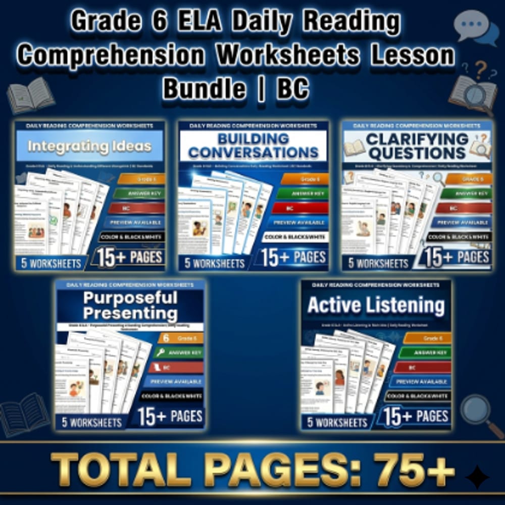 Grade 6 ELA Daily Reading Comprehension Worksheets Lesson Bundle | BC — bundle cover