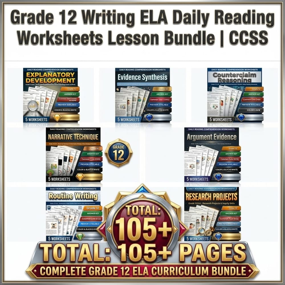 Grade 12 Writing ELA Daily Reading Worksheets Lesson Bundle | CCSS — bundle cover