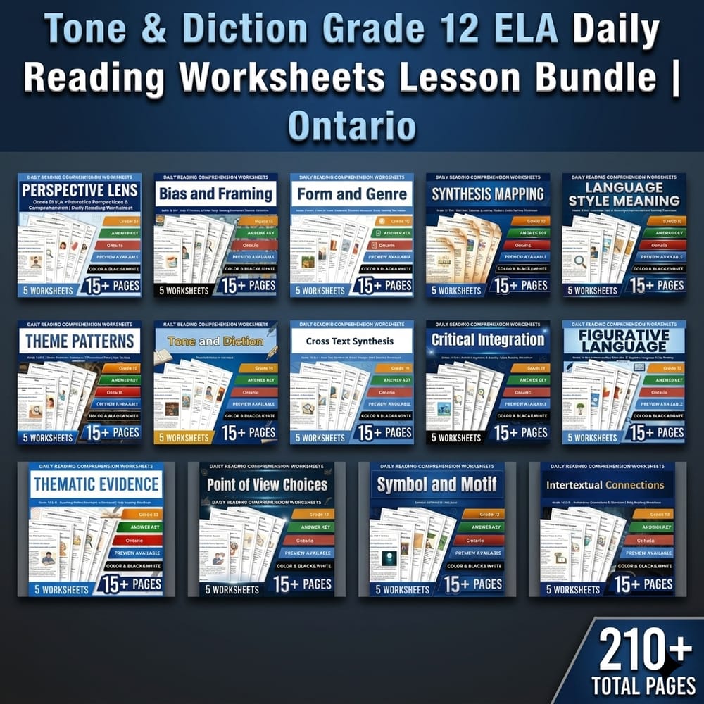Tone & Diction Grade 12 ELA Daily Reading Worksheets Lesson Bundle | Ontario — bundle cover