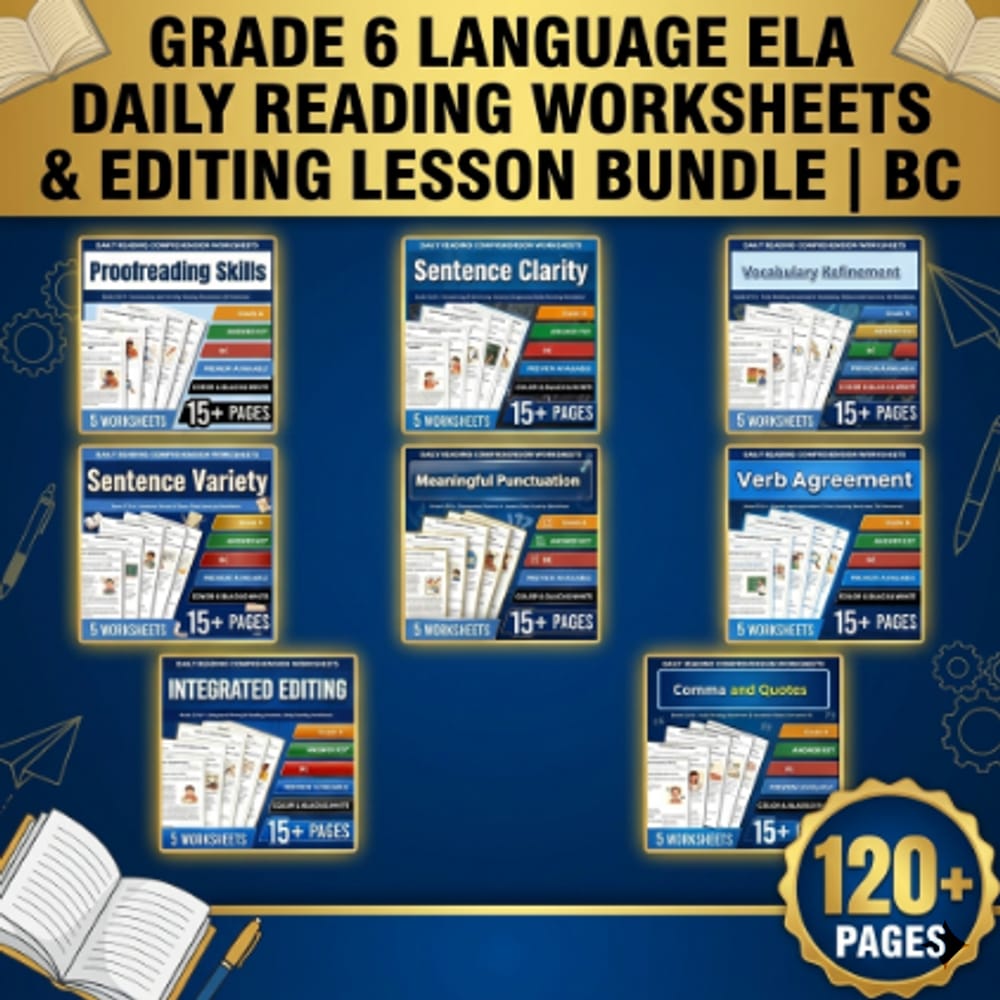 Grade 6 Language ELA Daily Reading Worksheets & Editing Lesson Bundle | BC — bundle cover