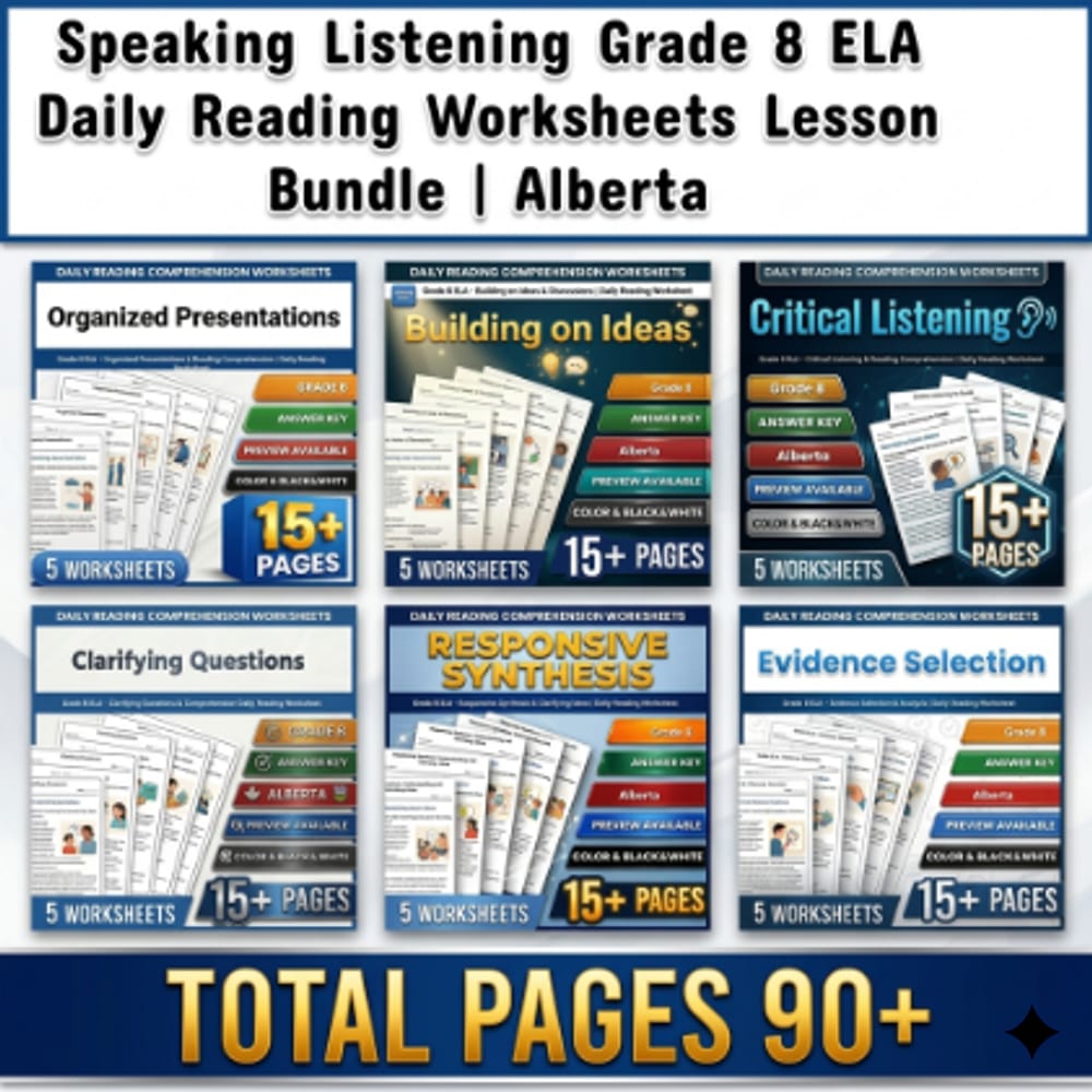 Speaking Listening Grade 8 ELA Daily Reading Worksheets Lesson Bundle | Alberta — bundle cover