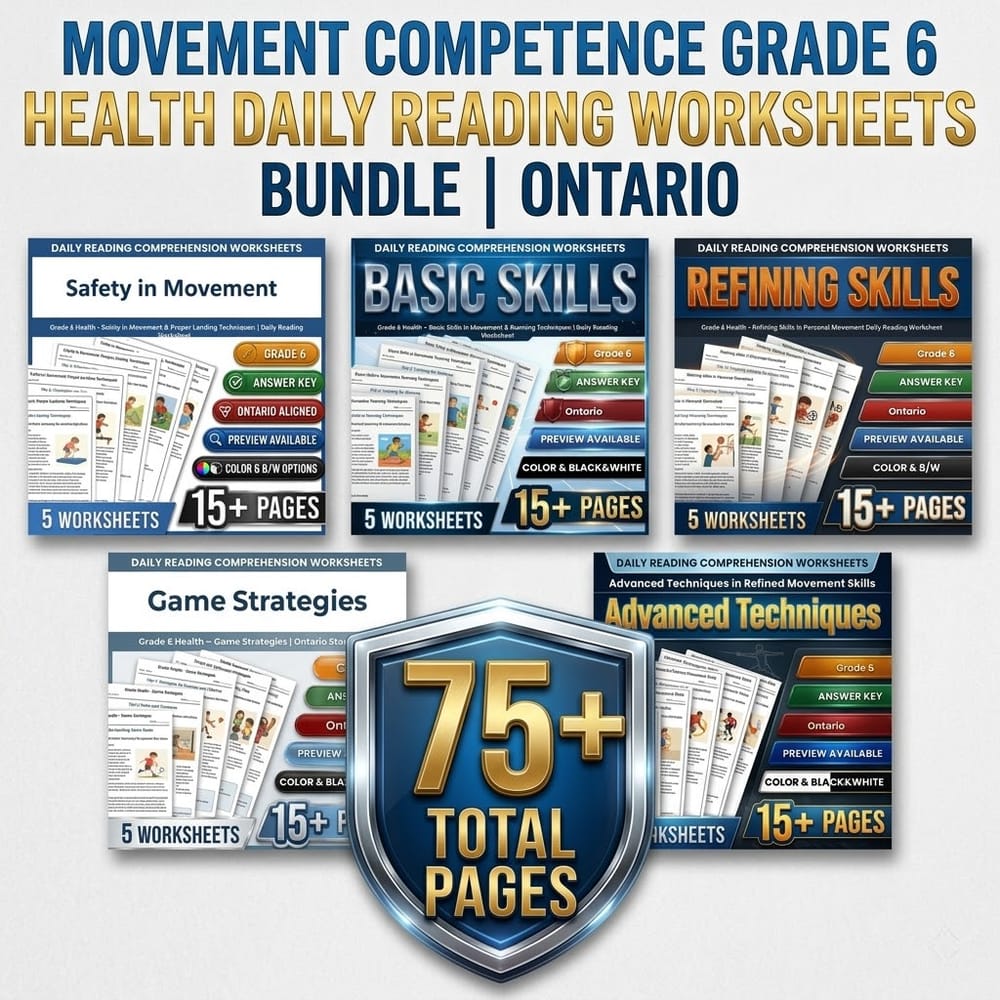 Movement Competence Grade 6 Health Daily Reading Worksheets Bundle | Ontario — bundle cover