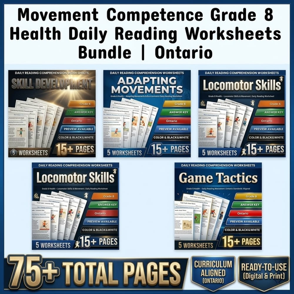 Movement Competence Grade 8 Health Daily Reading Worksheets Bundle | Ontario — bundle cover