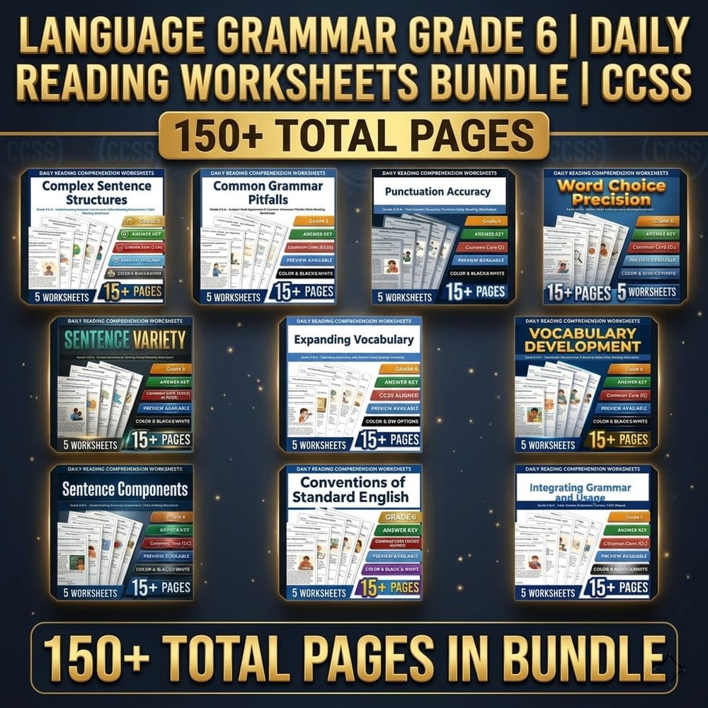 Language Grammar Grade 6 Daily Reading Worksheets Bundle | CCSS — bundle cover