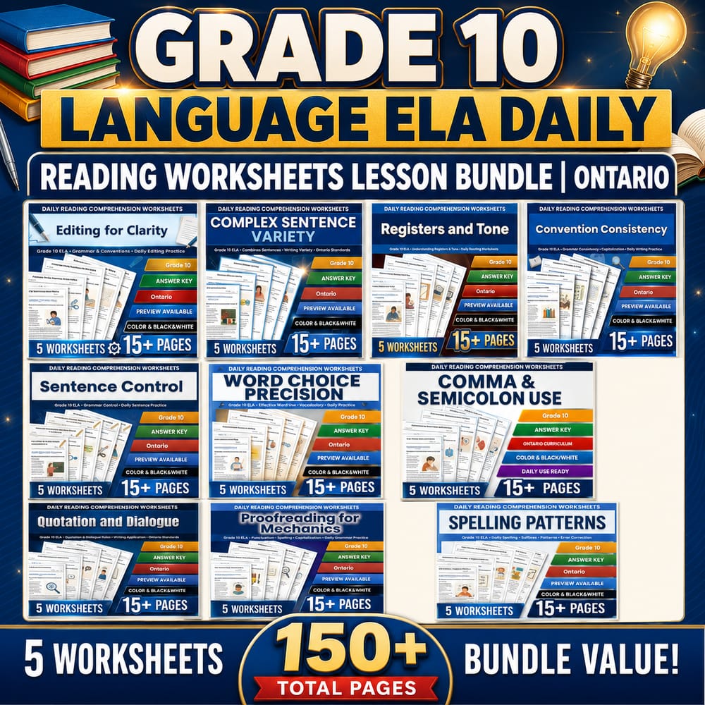 Grade 10 Language ELA Daily Reading Worksheets Lesson Bundle | Ontario — bundle cover