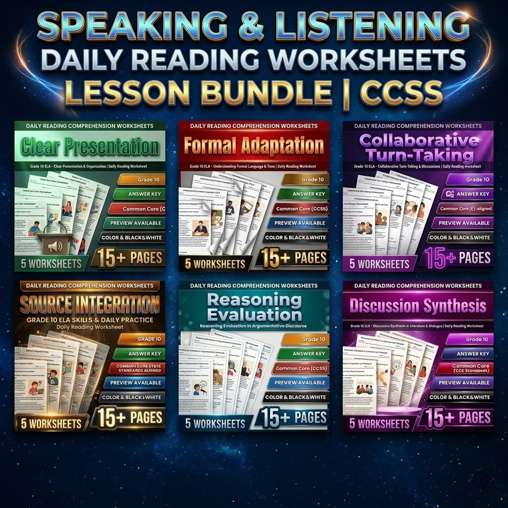 Speaking & Listening Grade 10 ELA Daily Reading Worksheets Lesson Bundle | CCSS — bundle cover
