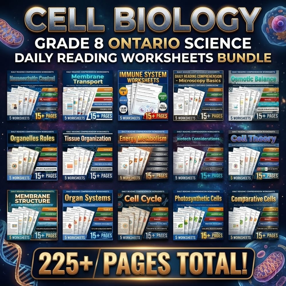 Cell Biology Grade 8 Science Daily Reading Worksheets Bundle | Ontario — bundle cover