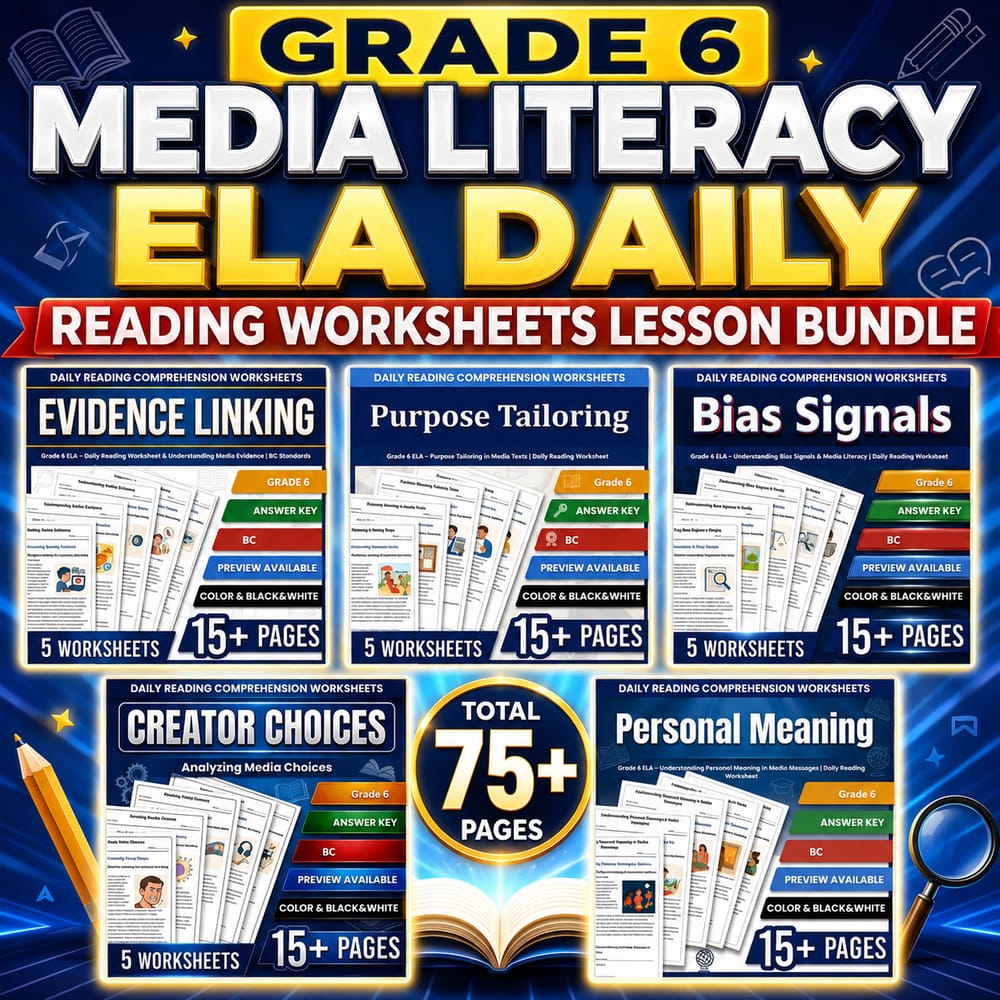Grade 6 Media Literacy ELA Daily Reading Worksheets Lesson Bundle | BC — bundle cover