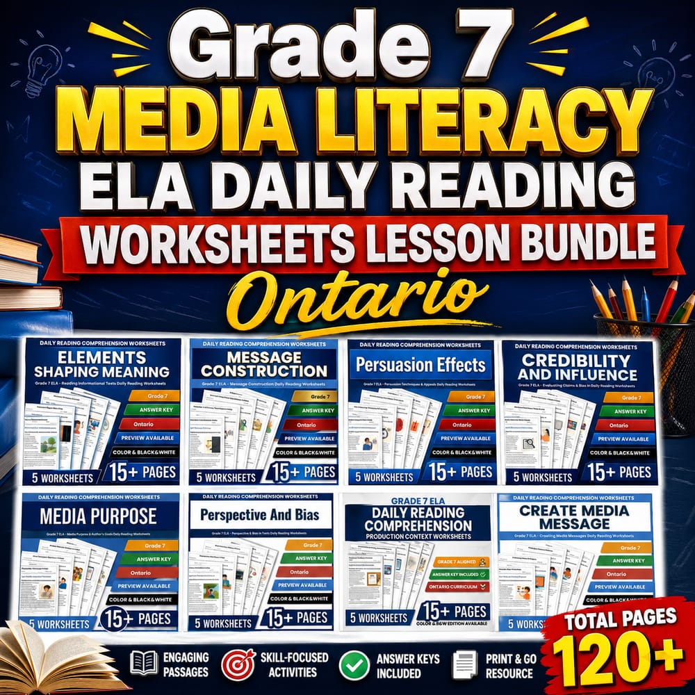 Grade 7 Media Literacy ELA Daily Reading Worksheets Lesson Bundle | Ontario — bundle cover