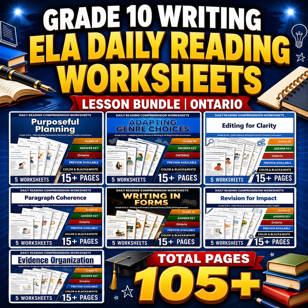 Grade 10 Writing ELA Daily Reading Worksheets lesson bundle | Ontario — bundle cover