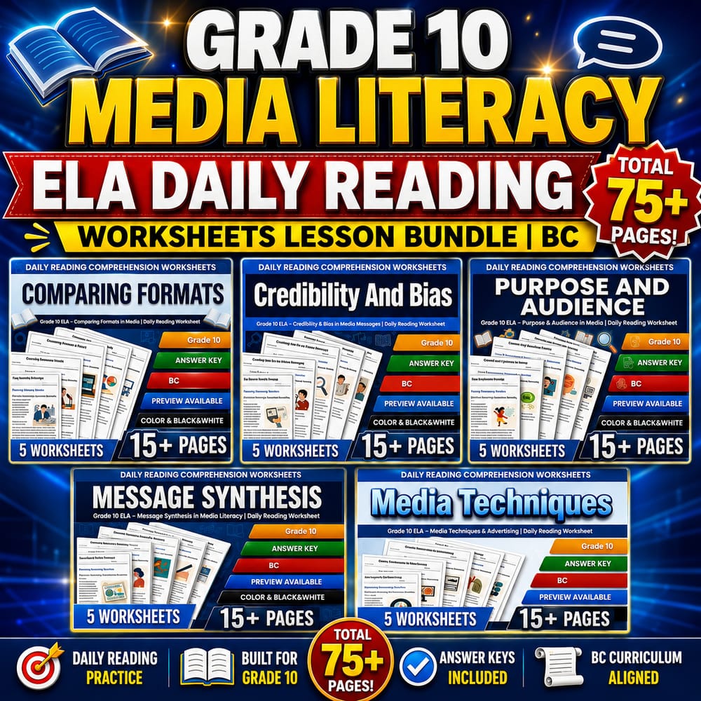Grade 10 Media Literacy ELA Daily Reading Worksheets Lesson Bundle | BC — bundle cover