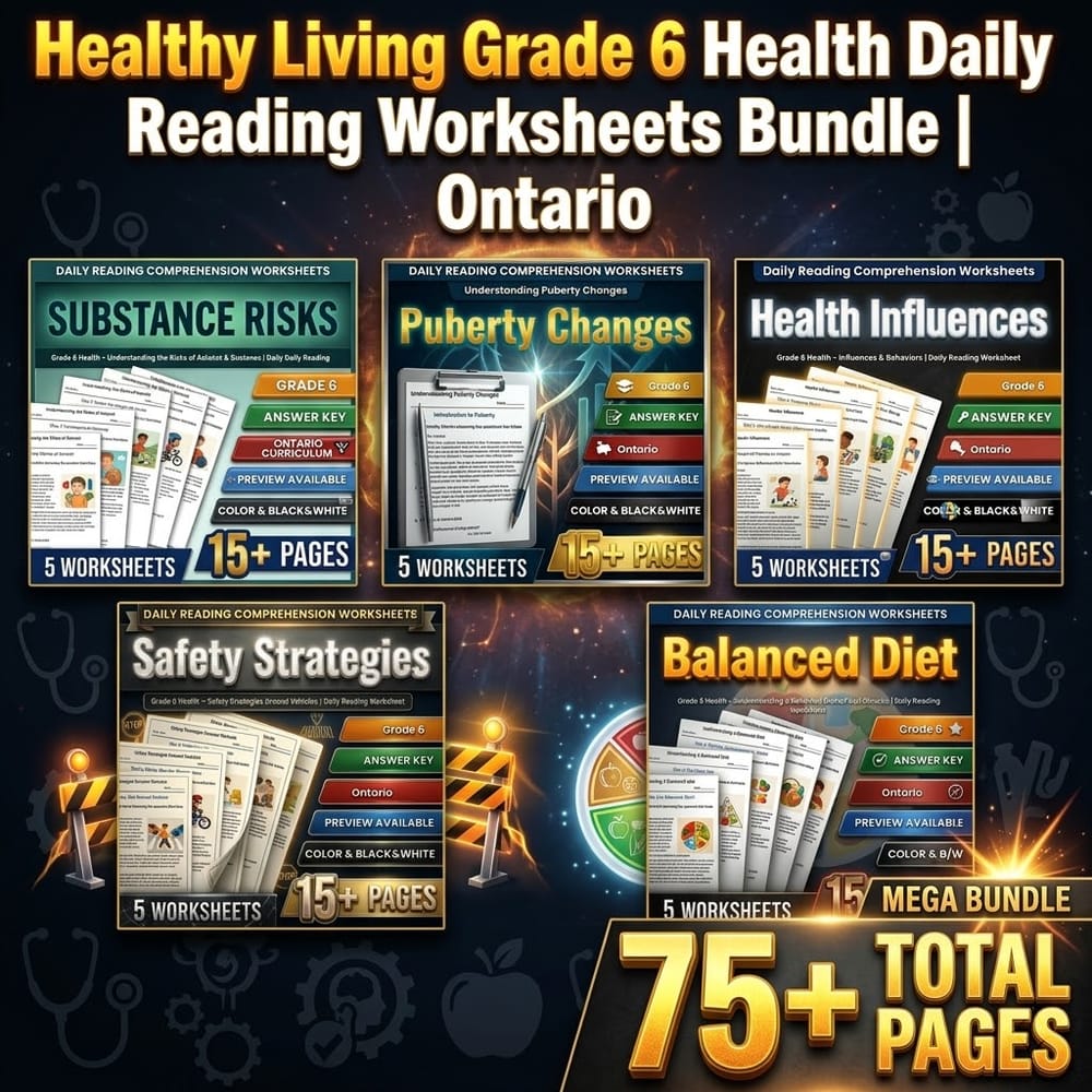 Healthy Living Grade 6 Health Daily Reading Worksheets Bundle | Ontario — bundle cover