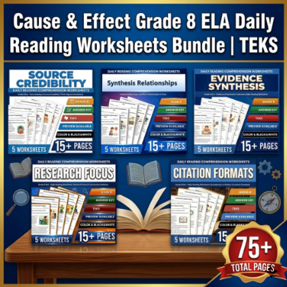 Cause & Effect Grade 8 ELA Daily Reading Worksheets Bundle | TEKS — bundle cover