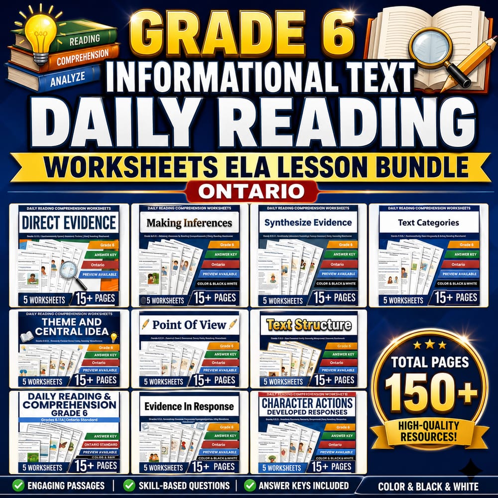 Grade 6  Infomational Text Daily Reading Worksheets ELA Lesson Bundle | Ontario — bundle cover