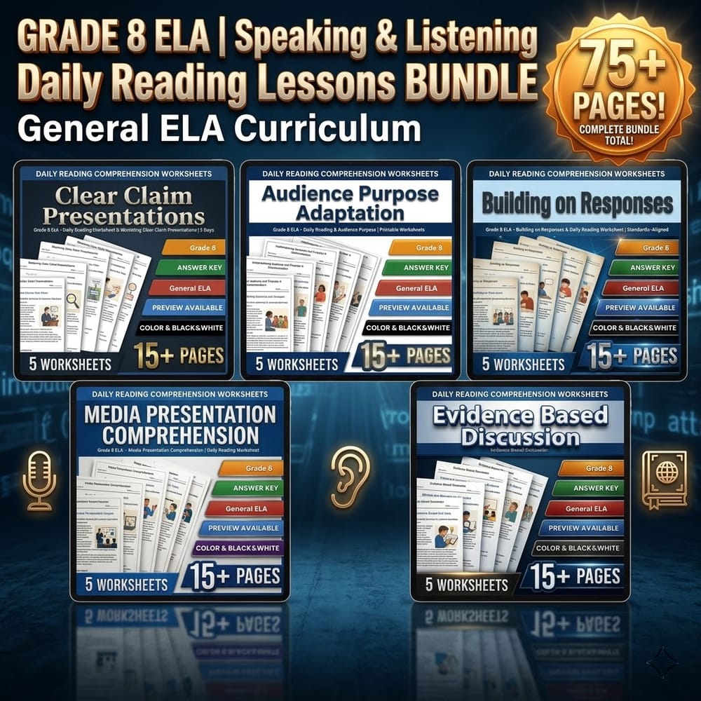 Grade 8 Speaking and Listening ELA Daily Reading Lesson Bundle | General ELA — bundle cover