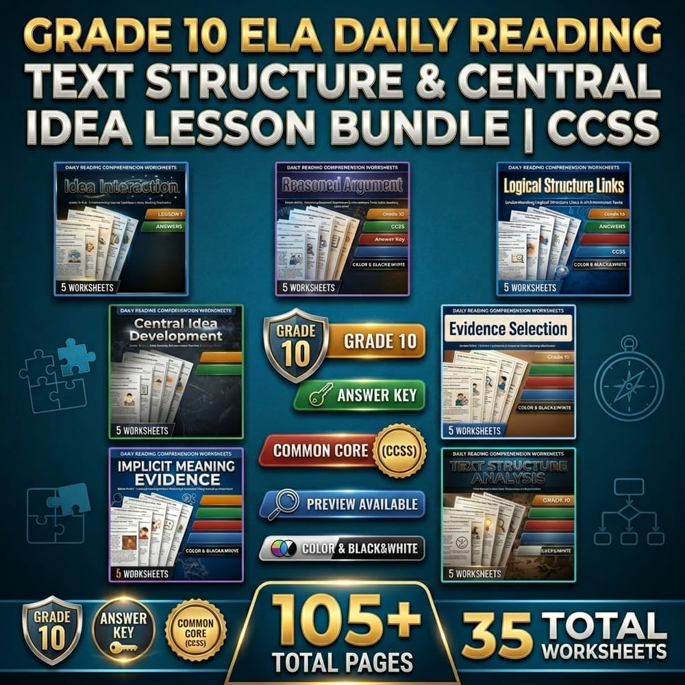 Grade 10 ELA Daily Reading Text Structure & Central Idea lesson bundle | CCSS — bundle cover