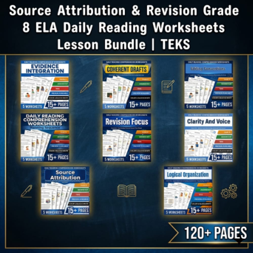 Source Attribution & Revision Grade 8 ELA Daily Worksheets Lesson Bundle | TEKS — bundle cover