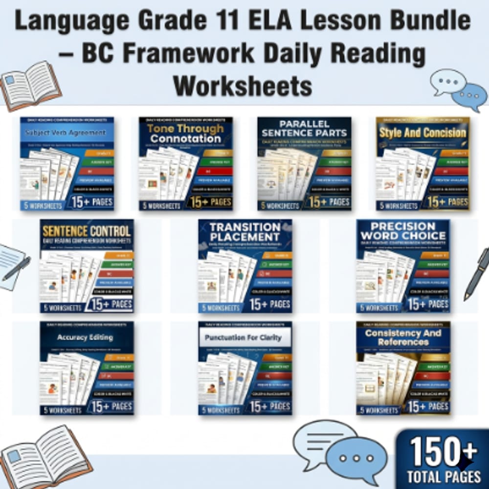Language Grade 11 ELA Lesson Bundle – BC Framework Daily Reading Worksheets — bundle cover