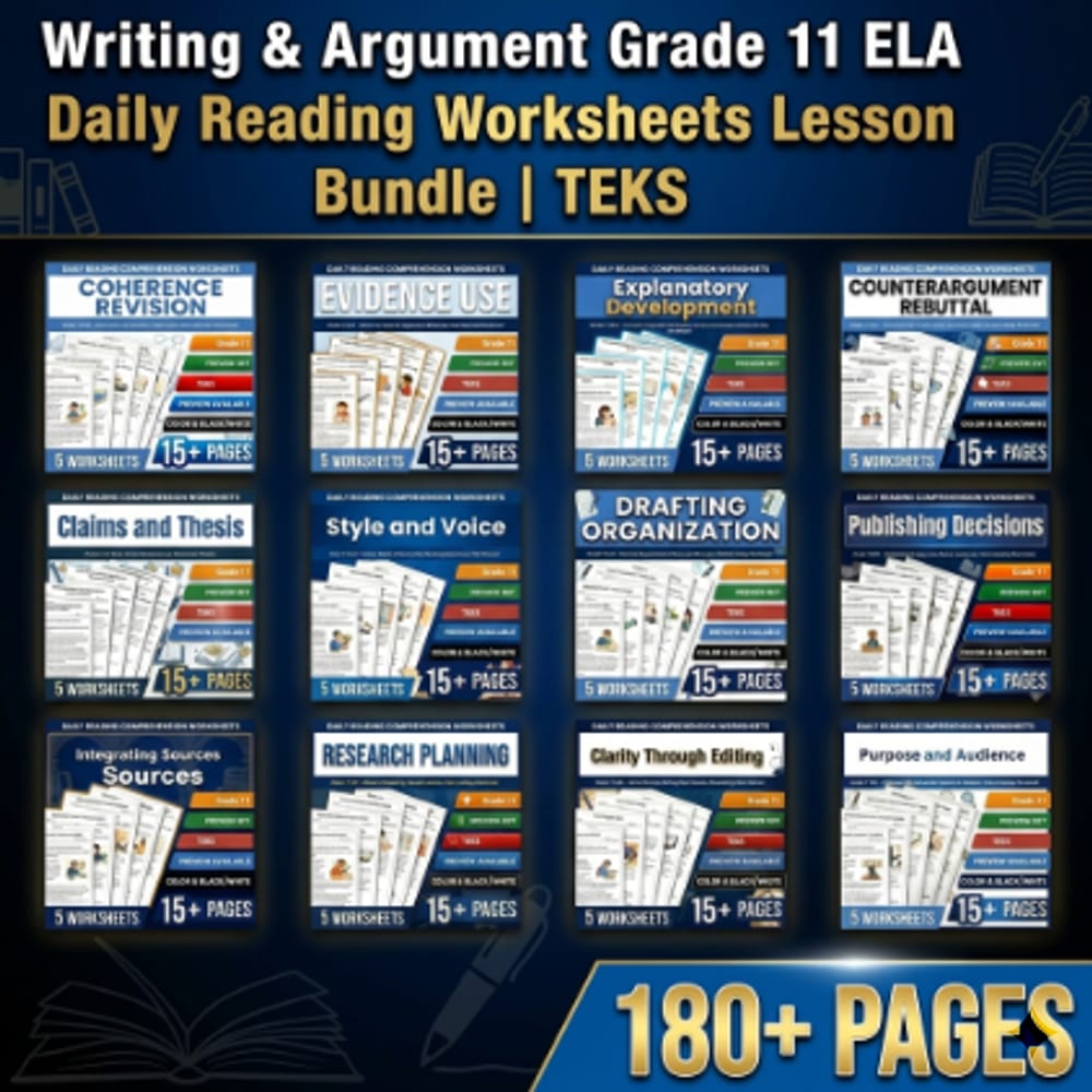 Writing & Argument Grade 11 ELA Daily Reading Worksheets Lesson Bundle | TEKS — bundle cover