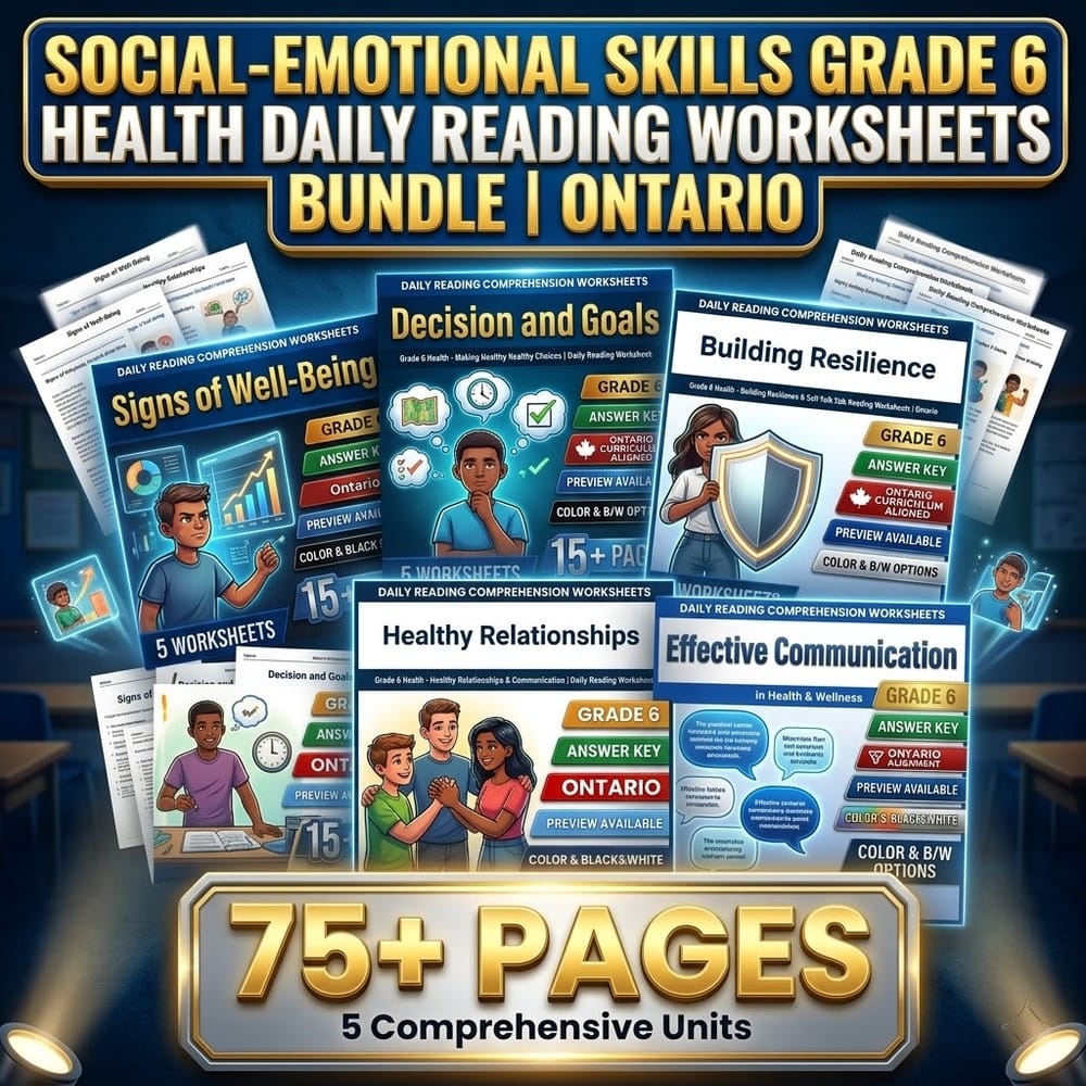 Social-Emotional Skills Grade 6 Health Daily Reading Worksheets Bundle | Ontario — bundle cover