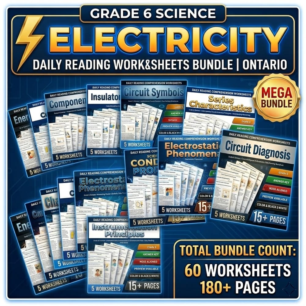 Electricity Grade 6 Science Daily Reading Worksheets Bundle | Ontario — bundle cover
