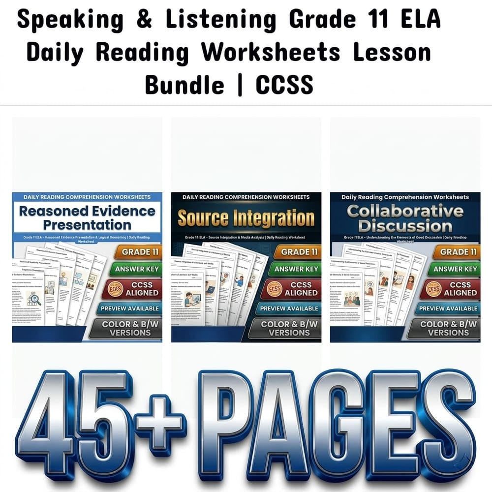 Speaking & Listening Grade 11 ELA Daily Reading Worksheets Lesson Bundle | CCSS — bundle cover