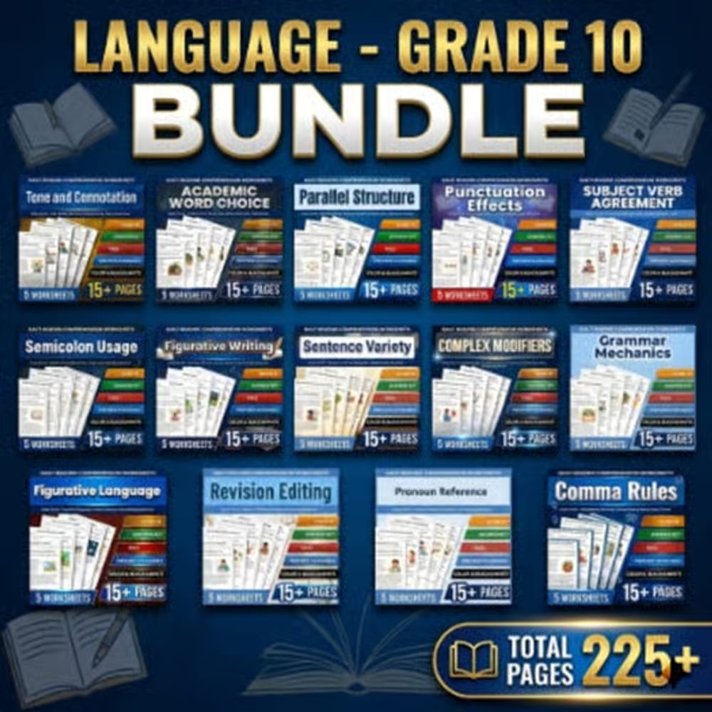 Grade 10 ELA Language Lesson Bundle | TEKS Daily Reading & Writing Skills — bundle cover