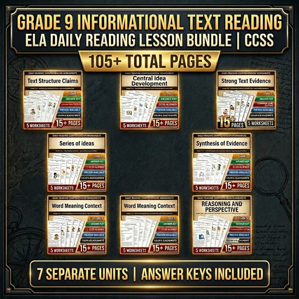 Grade 9 Informational Text Reading ELA Daily Reading Lesson Bundle | CCSS — bundle cover