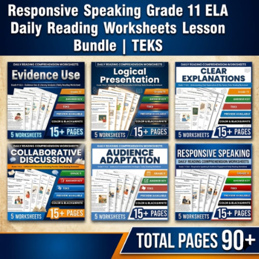 Responsive Speaking Grade 11 ELA Daily Reading Worksheets Lesson Bundle | TEKS — bundle cover