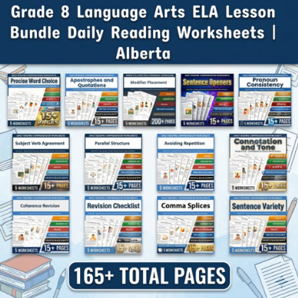 Grade 8 Language Arts ELA Lesson Bundle Daily Reading Worksheets | Alberta — bundle cover