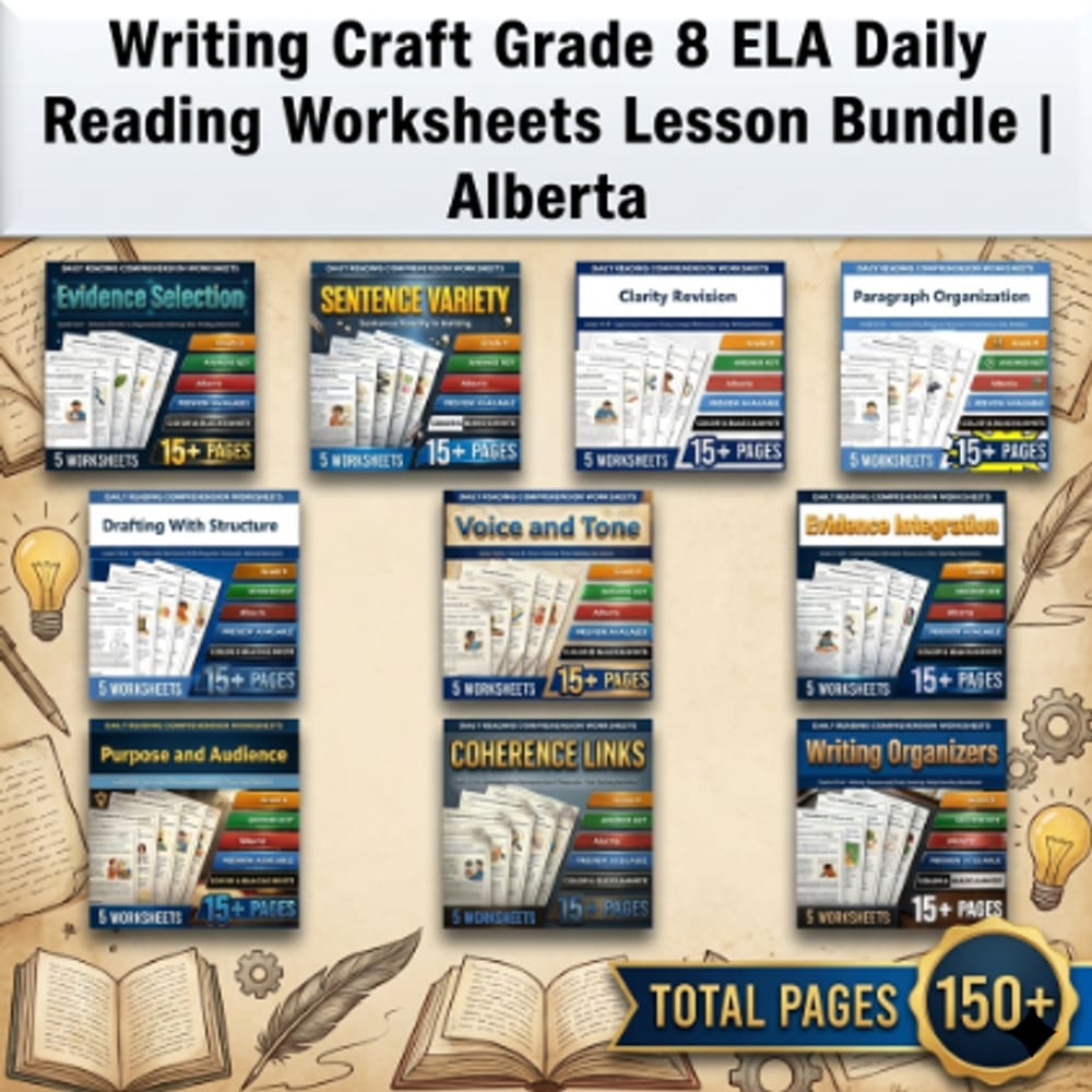 Writing Craft Grade 8 ELA Daily Reading Worksheets Lesson Bundle | Alberta — bundle cover