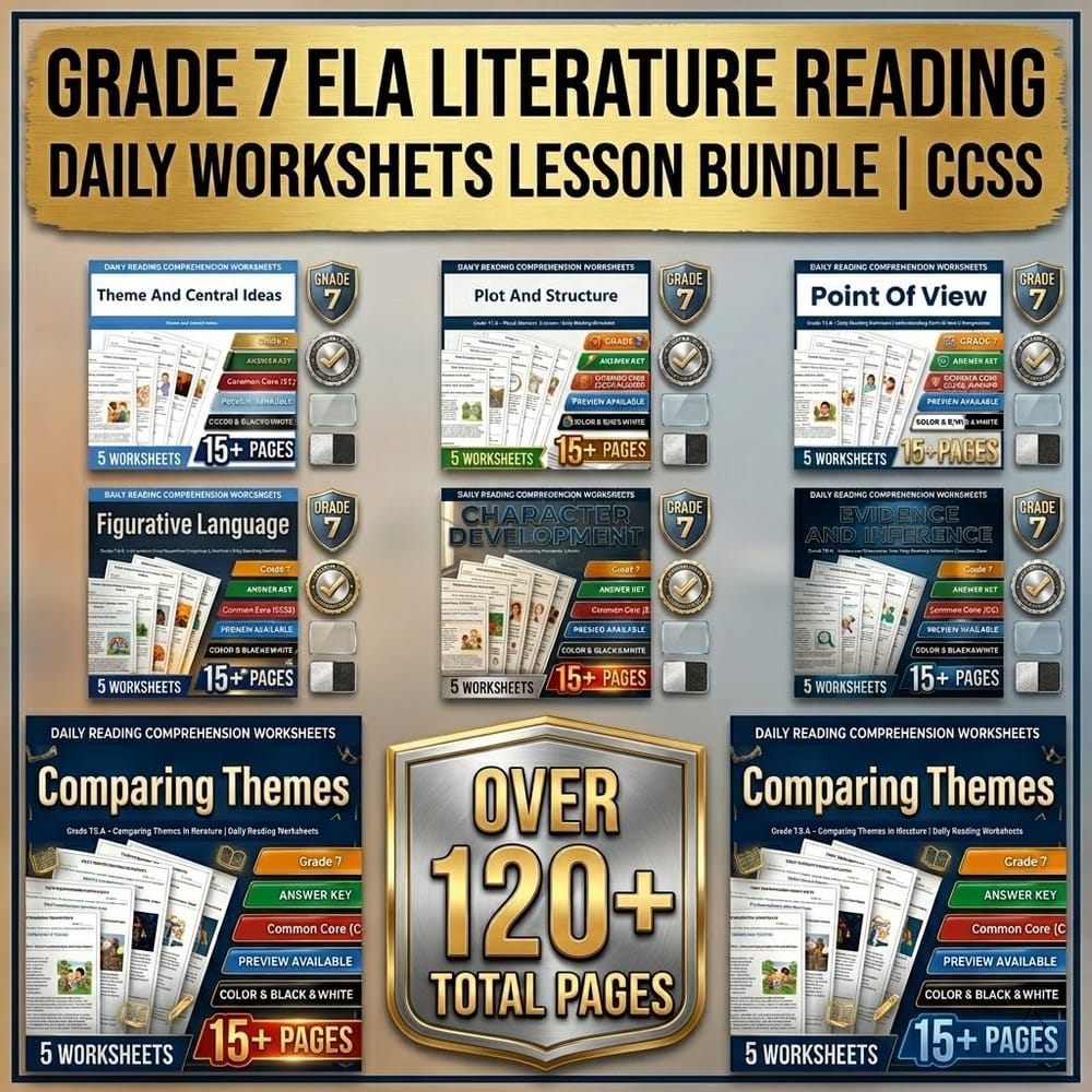 Literature Reading Grade 7 ELA Daily Reading Worksheets Lesson Bundle | CCSS — bundle cover