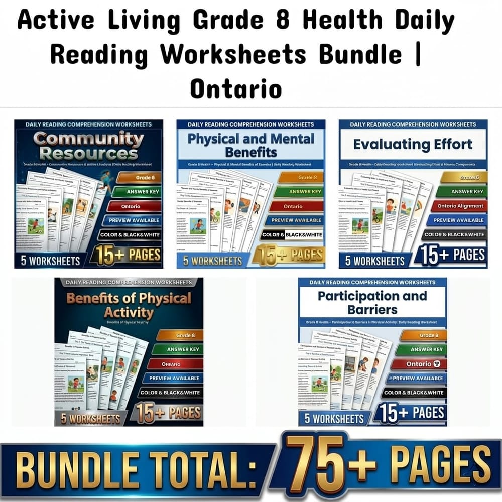 Active Living Grade 8 Health Daily Reading Worksheets Bundle | Ontario — bundle cover