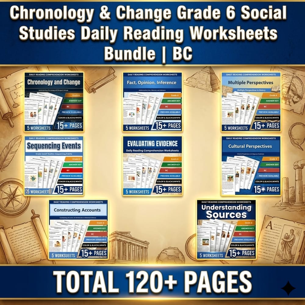 Chronology & Change Grade 6 Social Studies Daily Reading Worksheets Bundle | BC — bundle cover
