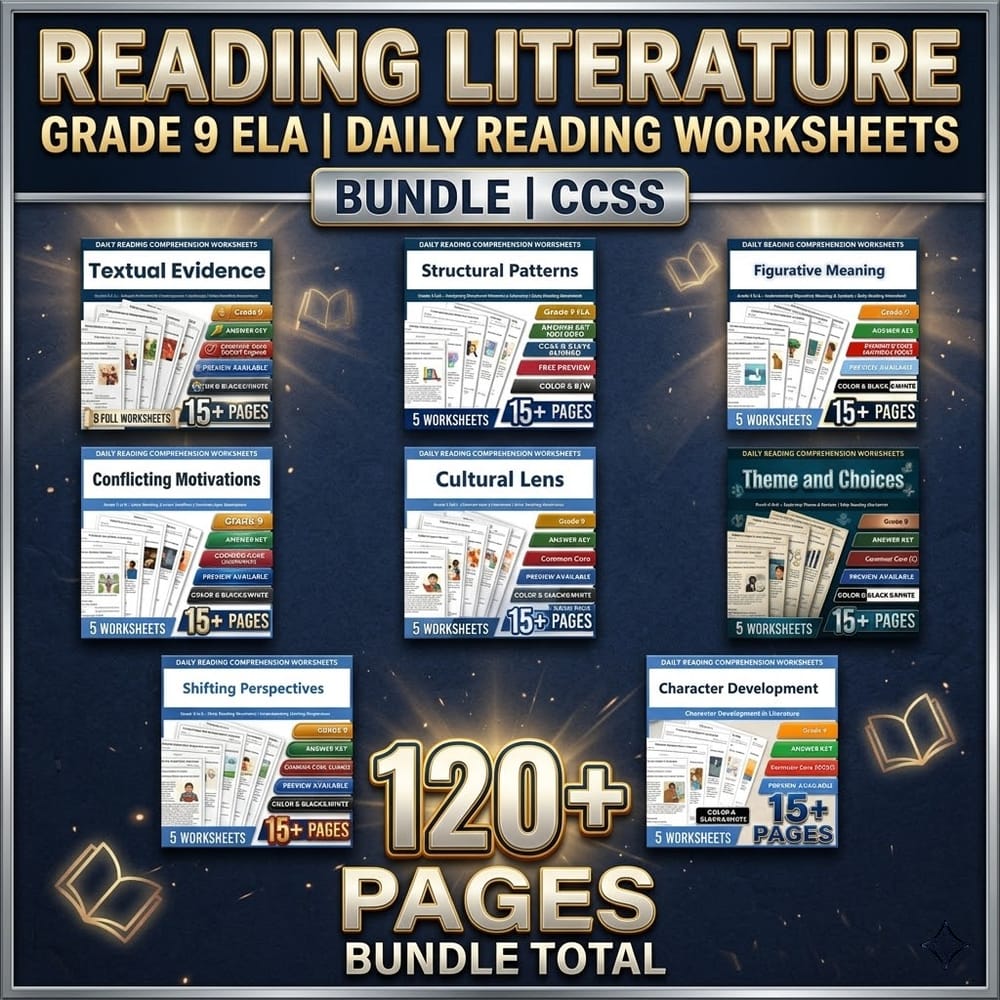 Reading Literature Grade 9 ELA Daily Reading Worksheets Bundle | CCSS — bundle cover