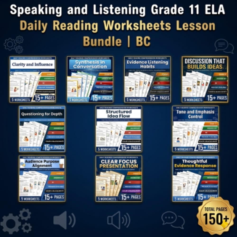 Speaking and Listening Grade 11 ELA Daily Reading Worksheets Lesson Bundle | BC — bundle cover