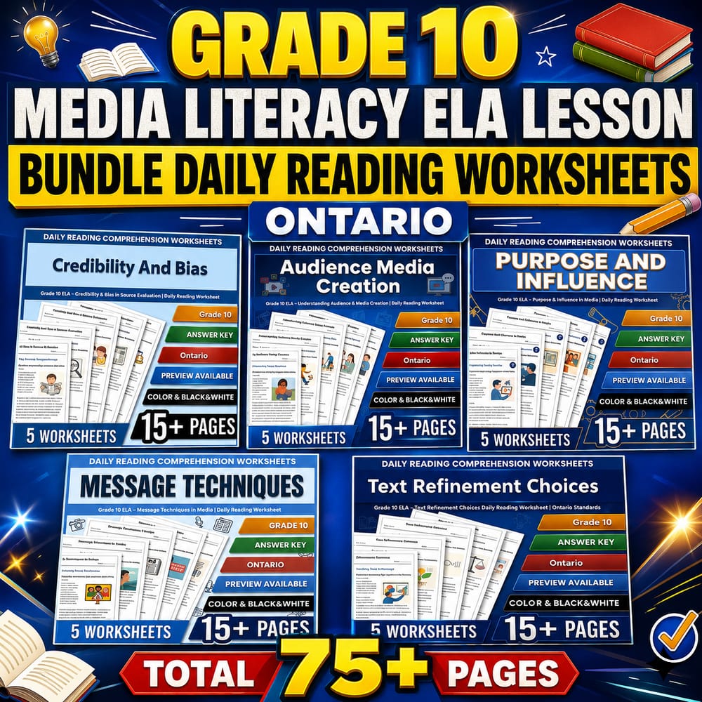 Grade 10 Media Literacy ELA Lesson Bundle Daily Reading Worksheets | Ontario — bundle cover