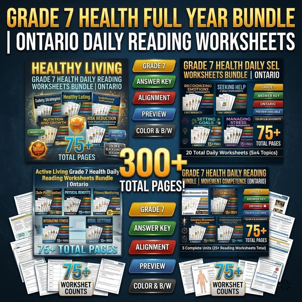 Grade 7 Health Full Year Bundle – Ontario Daily Reading Worksheets — bundle cover