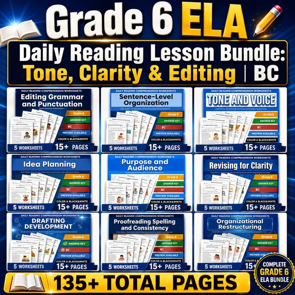 Grade 6 ELA Daily Reading Lesson Bundle: Tone, Clarity & Editing | BC — bundle cover