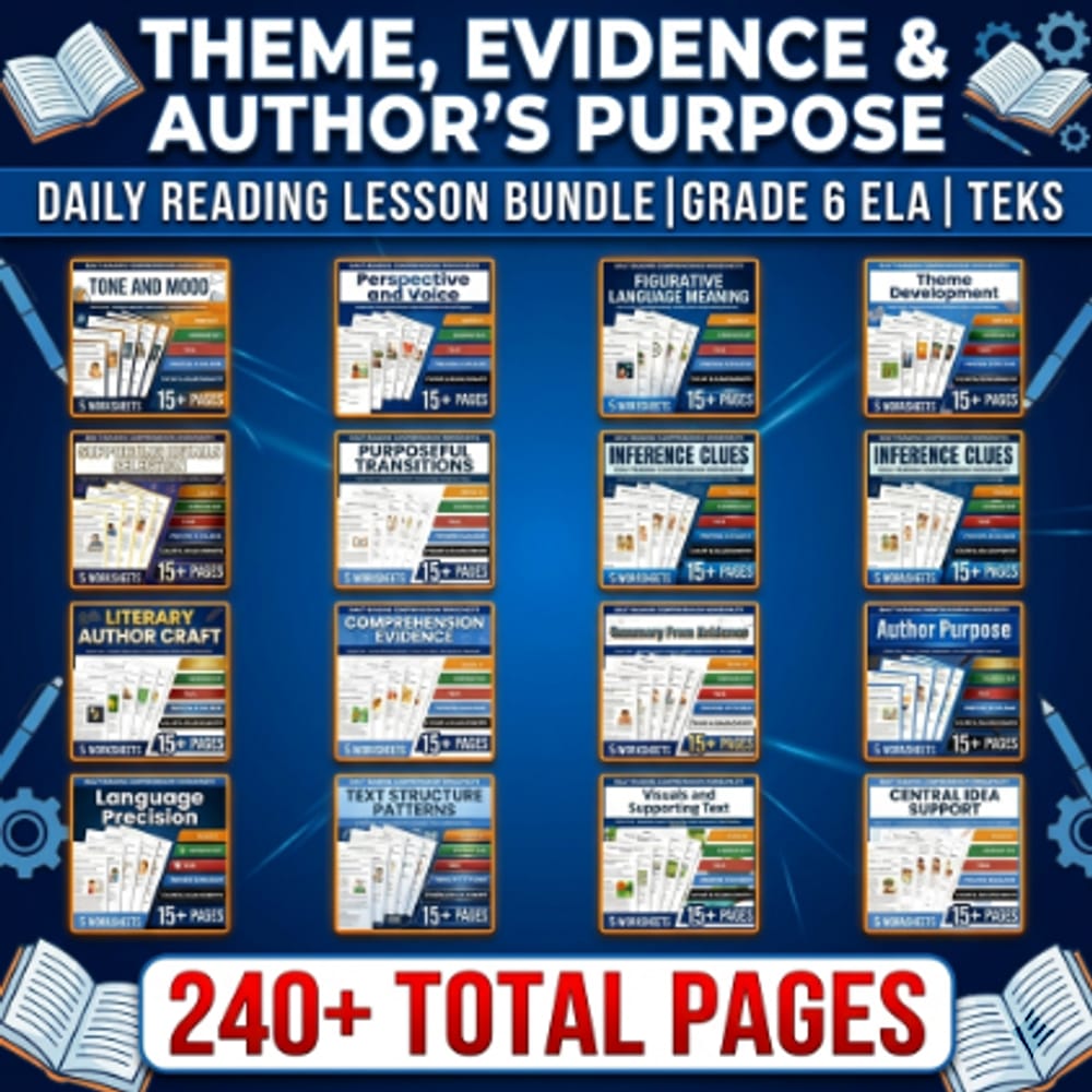 Theme, Evidence & Author’s Purpose Daily  Lesson Bundle | Grade 6 ELA | TEKS — bundle cover