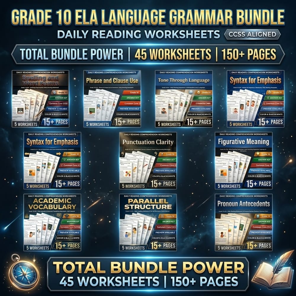 Grade 10 Language Grammar ELA Lesson Bundle: Daily Reading Worksheets | CCSS — bundle cover
