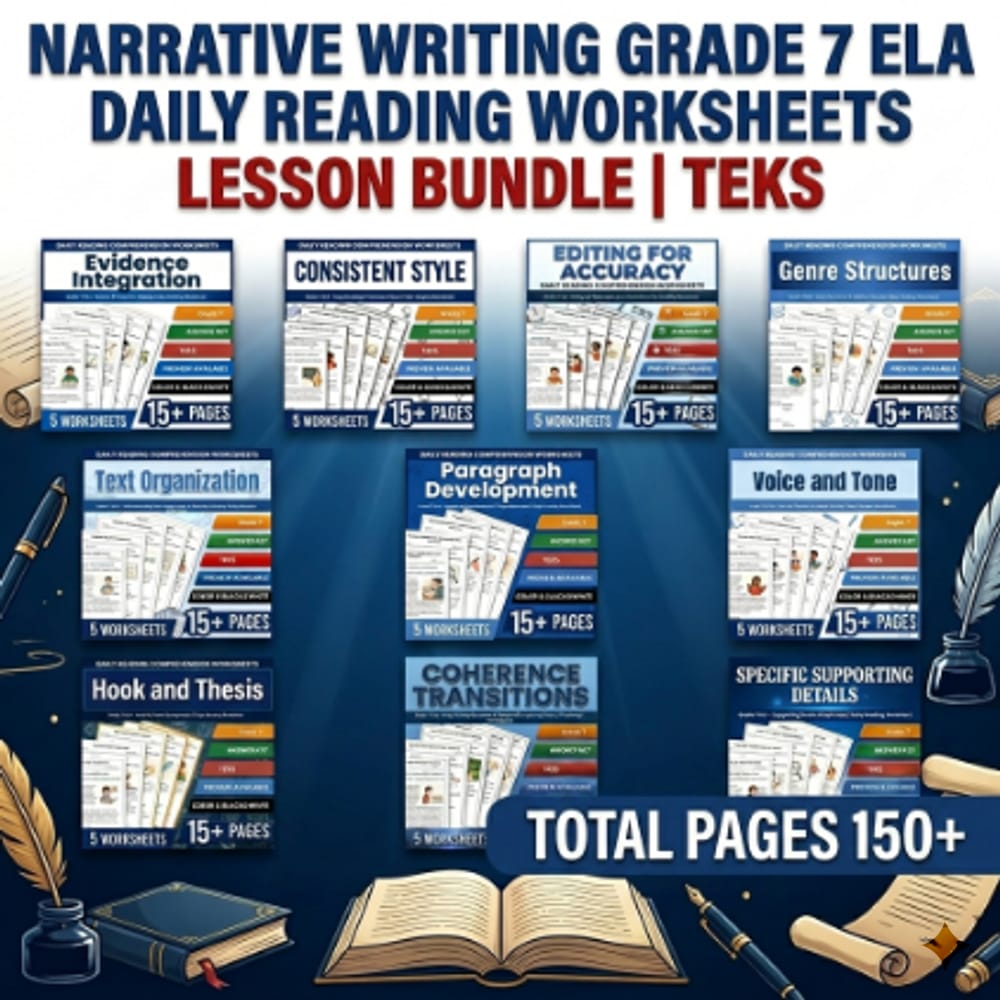 Narrative Writing Grade 7 ELA Daily Reading Worksheets Lesson Bundle | TEKS — bundle cover