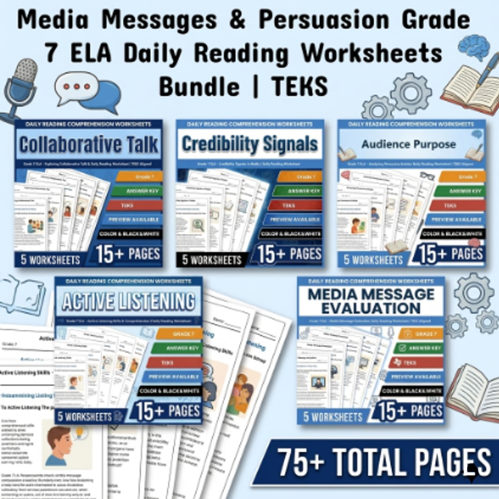 Media Messages & Persuasion Grade 7 ELA Daily Reading Worksheets Bundle | TEKS — bundle cover