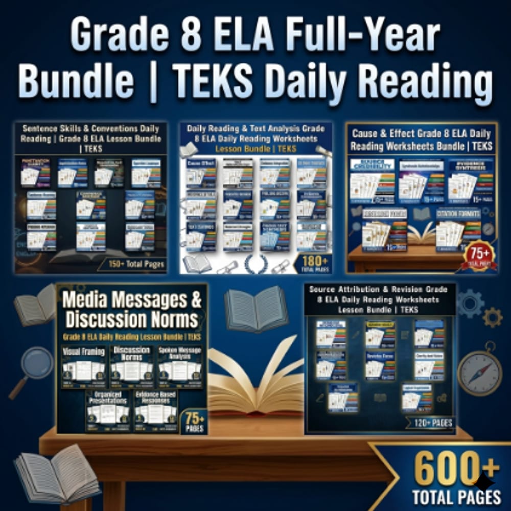 Grade 8 ELA Full-Year Bundle | TEKS Daily Reading — bundle cover