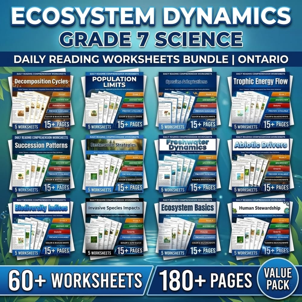 Ecosystem Dynamics Grade 7 Science Daily Reading Worksheets Bundle | Ontario — bundle cover